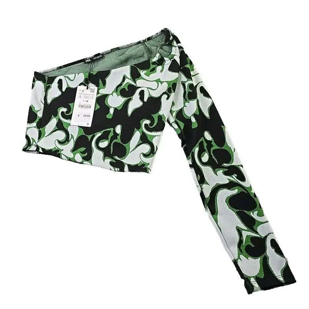 Zara Jacquard‎ Asymmetrical Top Juniors Large One Sleeve Green Artsy Runway Crop